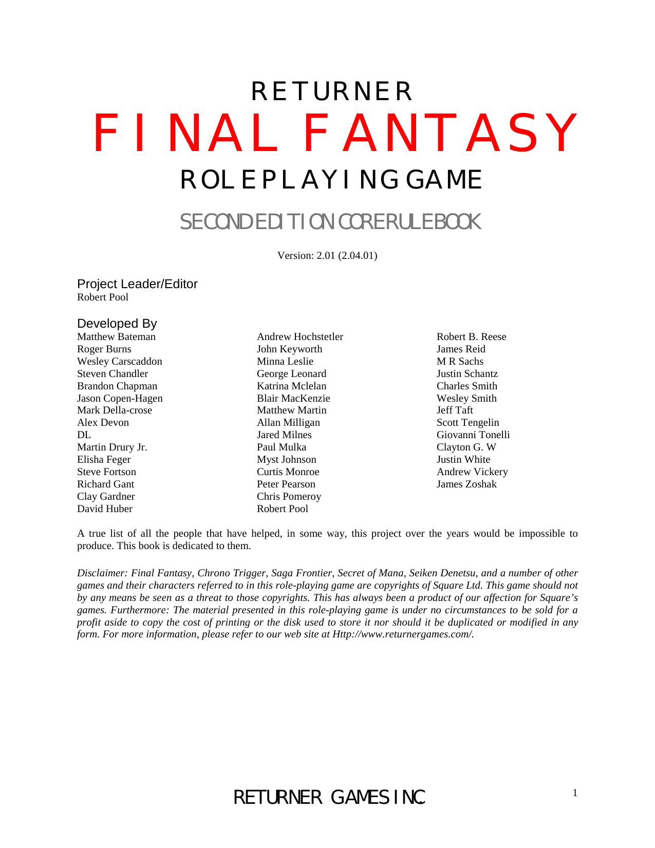 Returner Final Fantasy RPG 2e by Robert Pool