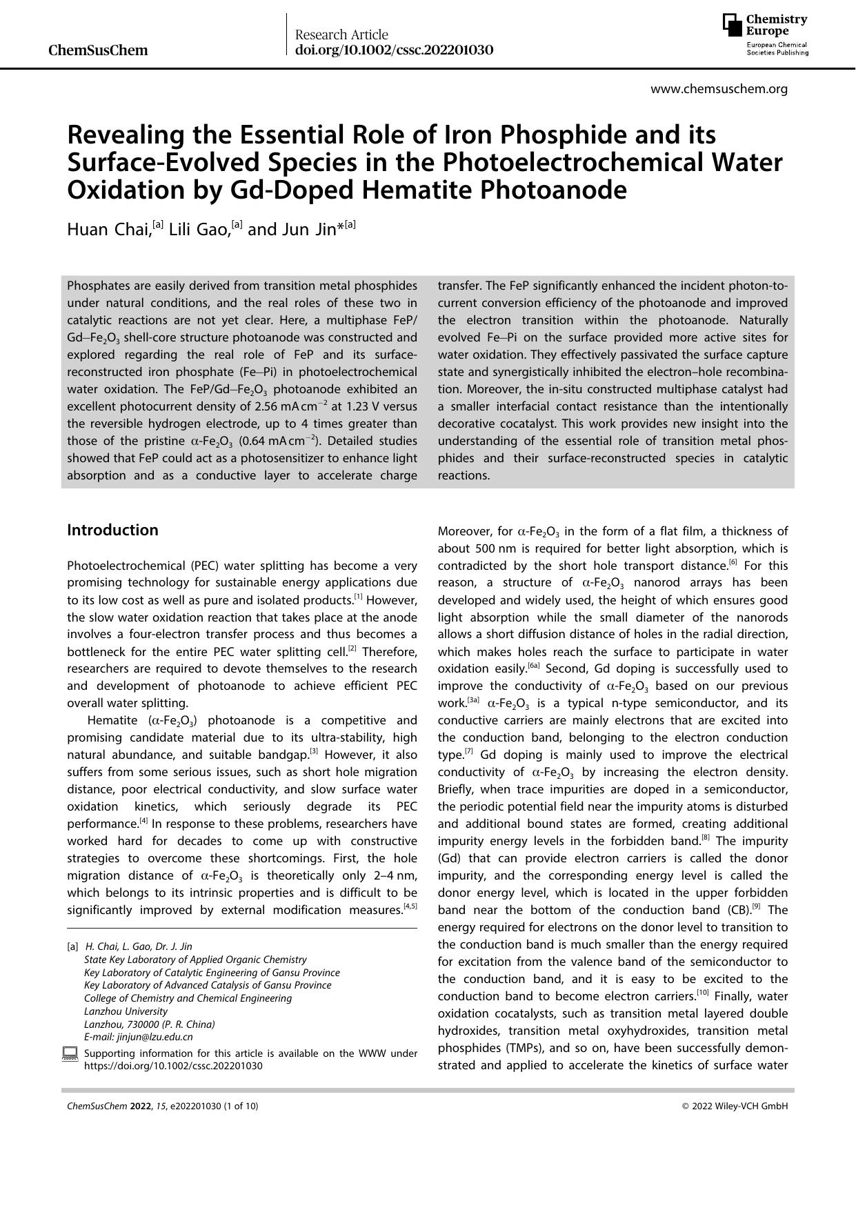 Revealing the Essential Role of Iron Phosphide and its SurfaceâEvolved Species in the Photoelectrochemical Water Oxidation by GdâDoped Hematite Photoanode by Unknown