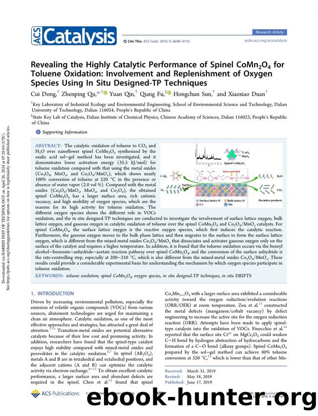 Revealing the Highly Catalytic Performance of Spinel CoMn2O4 for Toluene Oxidation: Involvement and Replenishment of Oxygen Species Using In Situ Designed-TP Techniques by Cui Dong Zhenping Qu Yuan Qin Qiang Fu Hongchun Sun & Xiaoxiao Duan