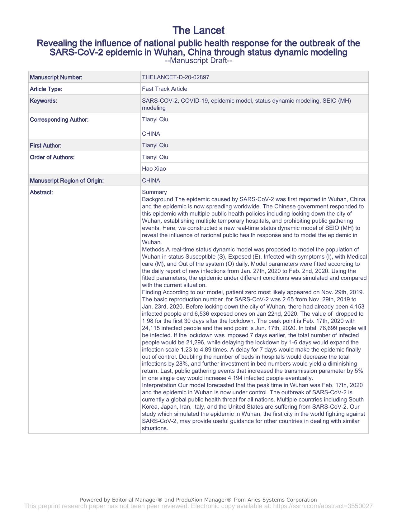 Revealing the influence of national public health response for the outbreak of the SARS-CoV-2 epidemic in Wuhan, China through status dynamic modeling by Tianyi Qiu