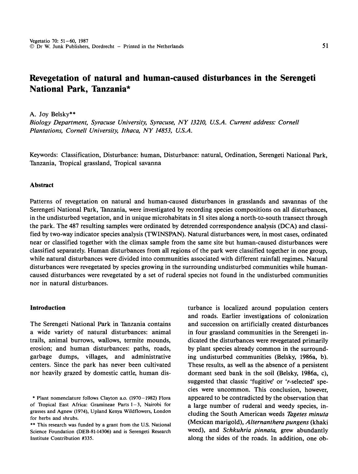 Revegetation of natural and human-caused disturbances in the Serengeti National Park, Tanzania by Unknown
