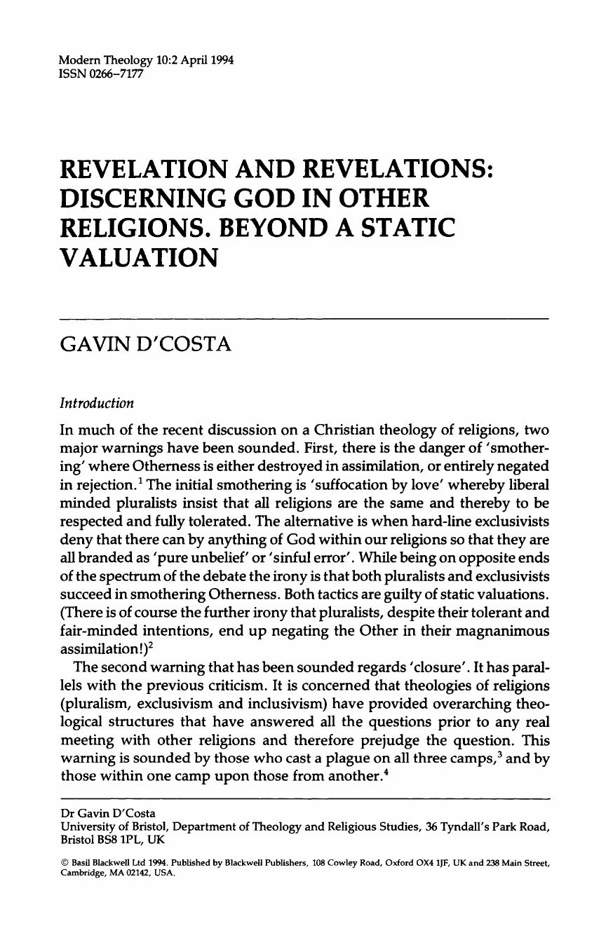 Revelation and Revelations: Discerning God in Other Religions, Beyond a Static Valuation by Gavin D'costa