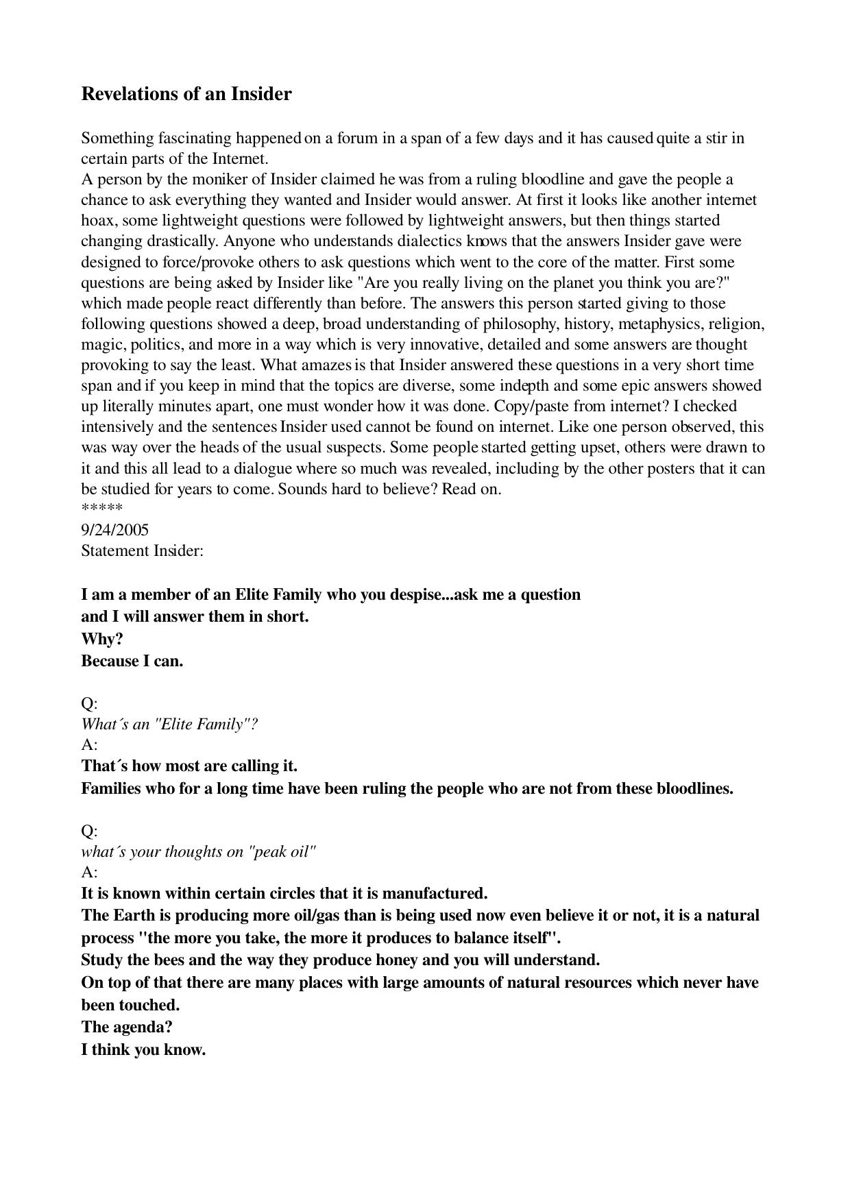 Revelations Of An Elite Family Insider by Michiel