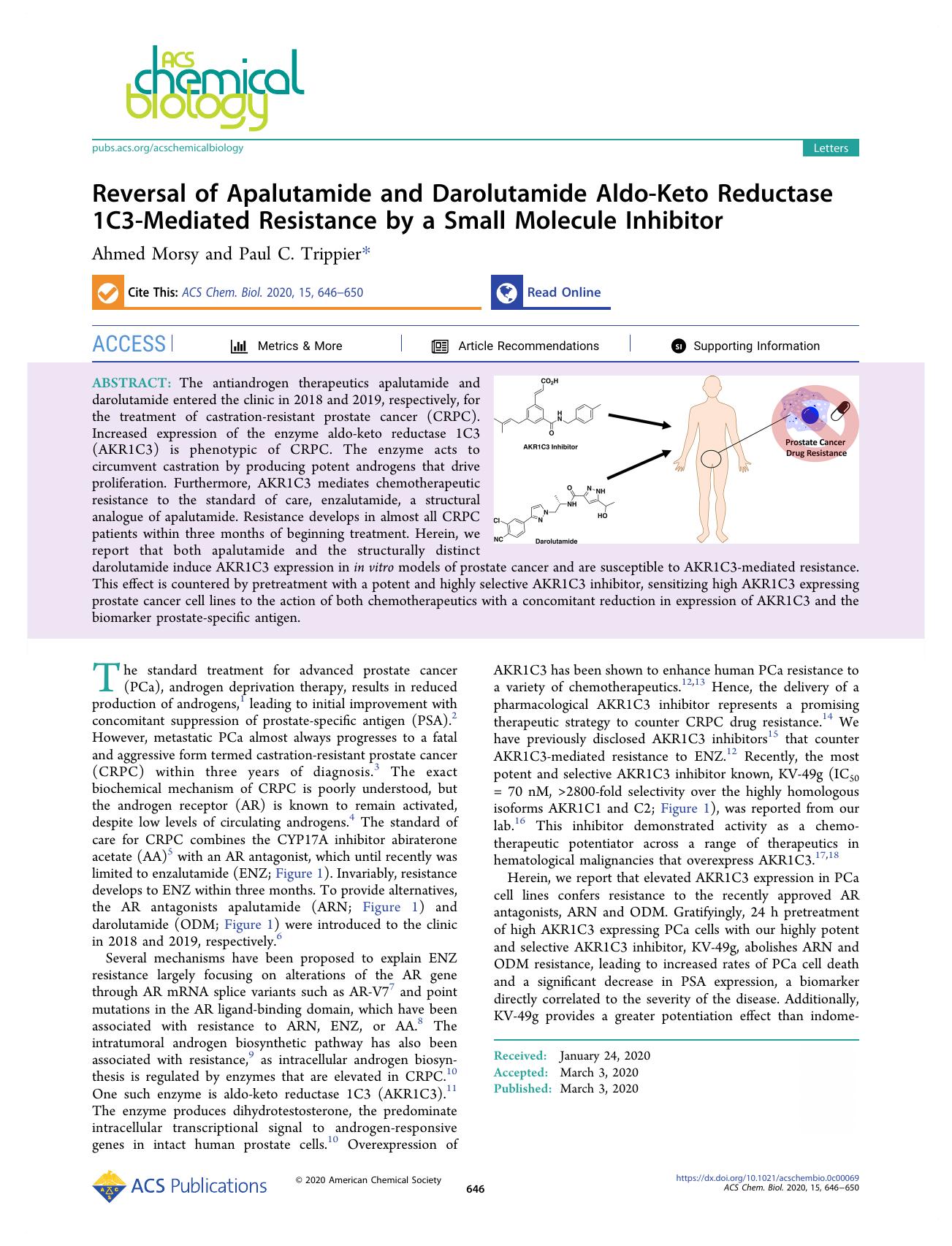Reversal of Apalutamide and Darolutamide Aldo-Keto Reductase 1C3-Mediated Resistance by a Small Molecule Inhibitor by Ahmed Morsy and Paul C. Trippier
