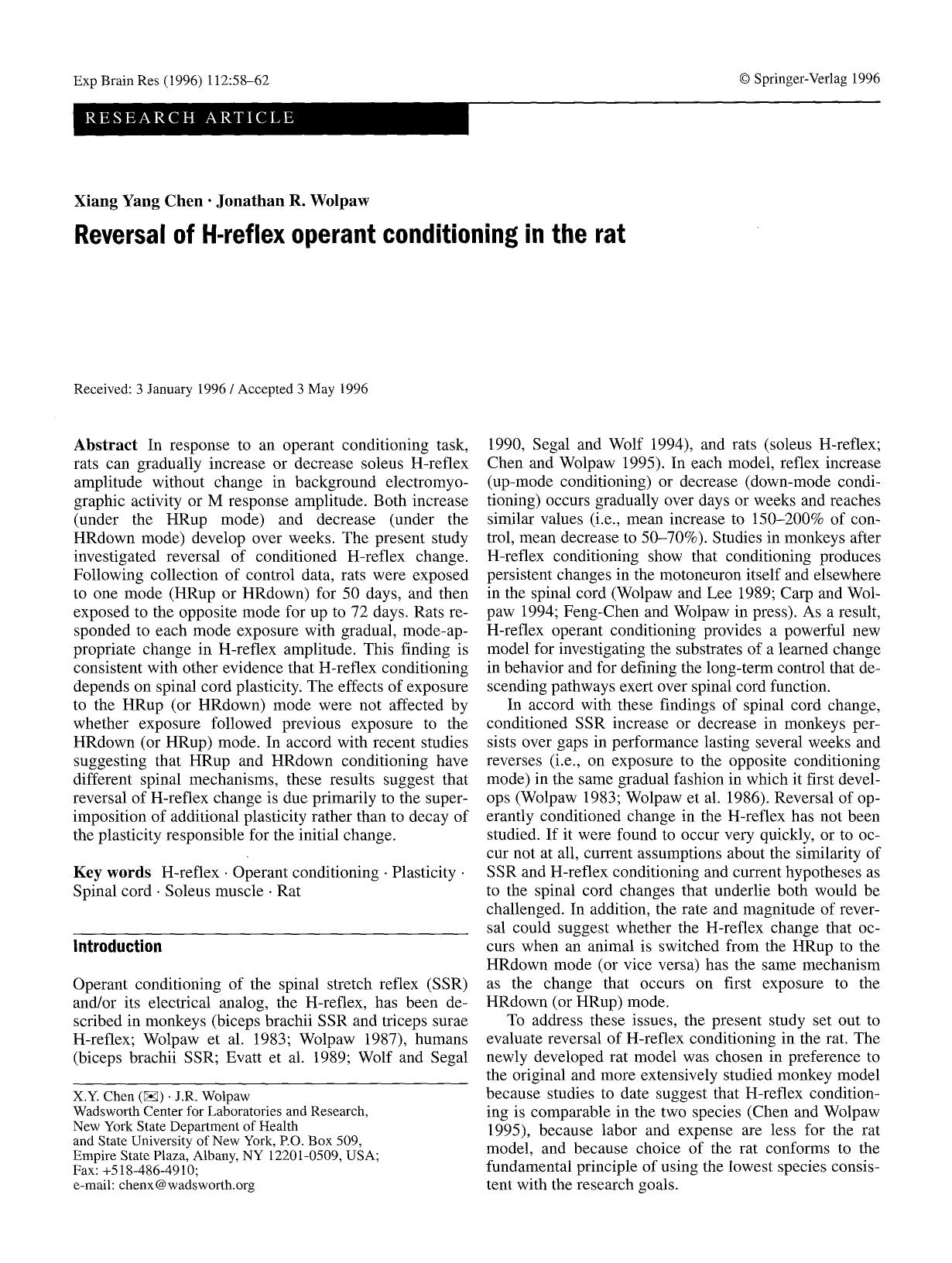 Reversal of H-reflex operant conditioning in the rat by Unknown