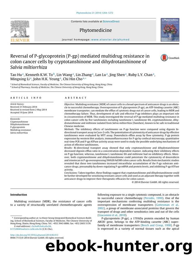 Reversal of P-glycoprotein (P-gp) mediated multidrug resistance in colon cancer cells by cryptotanshinone and dihydrotanshinone of Salvia miltiorrhiza by unknow