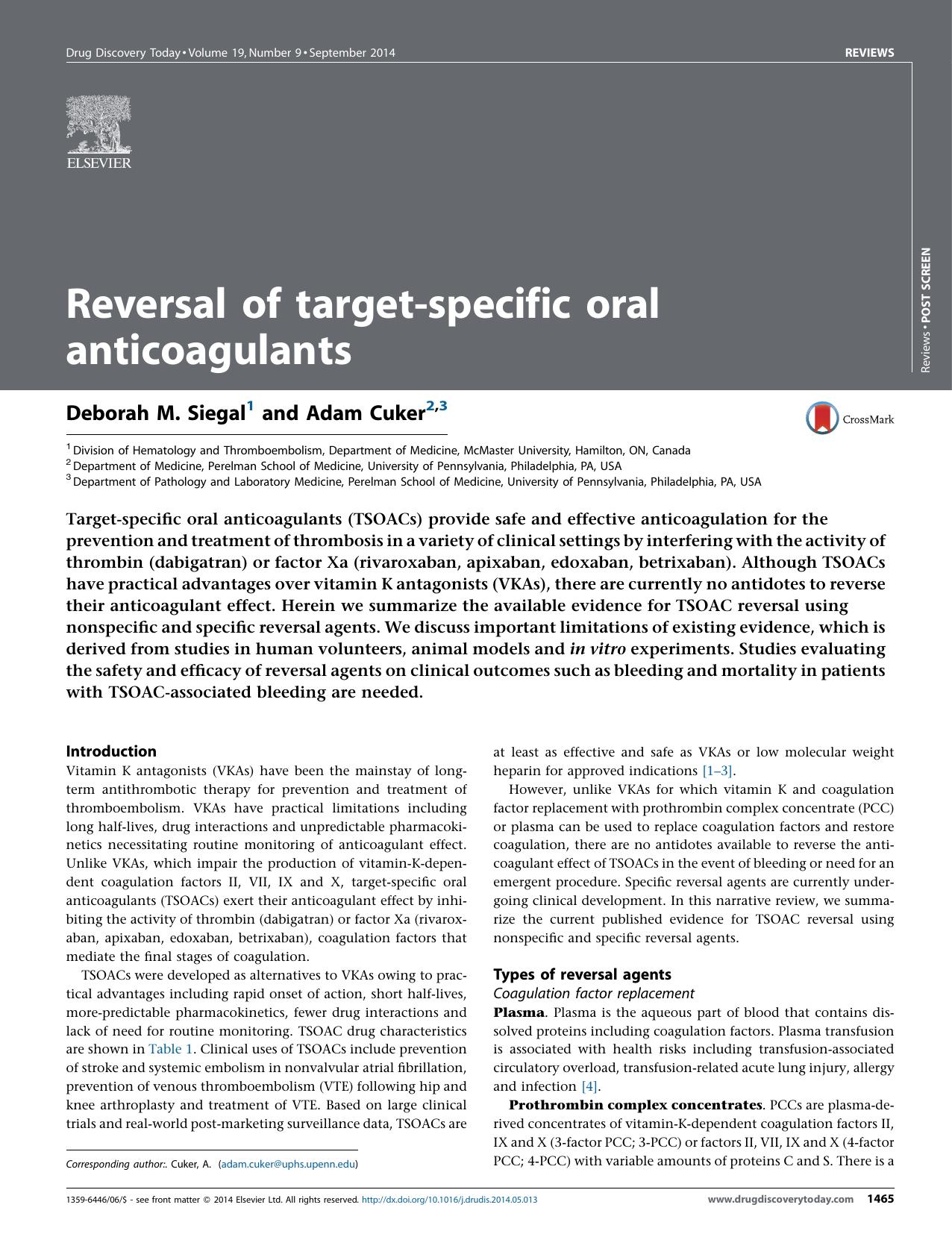 Reversal of target-specific oral anticoagulants by Deborah M. Siegal & Adam Cuker
