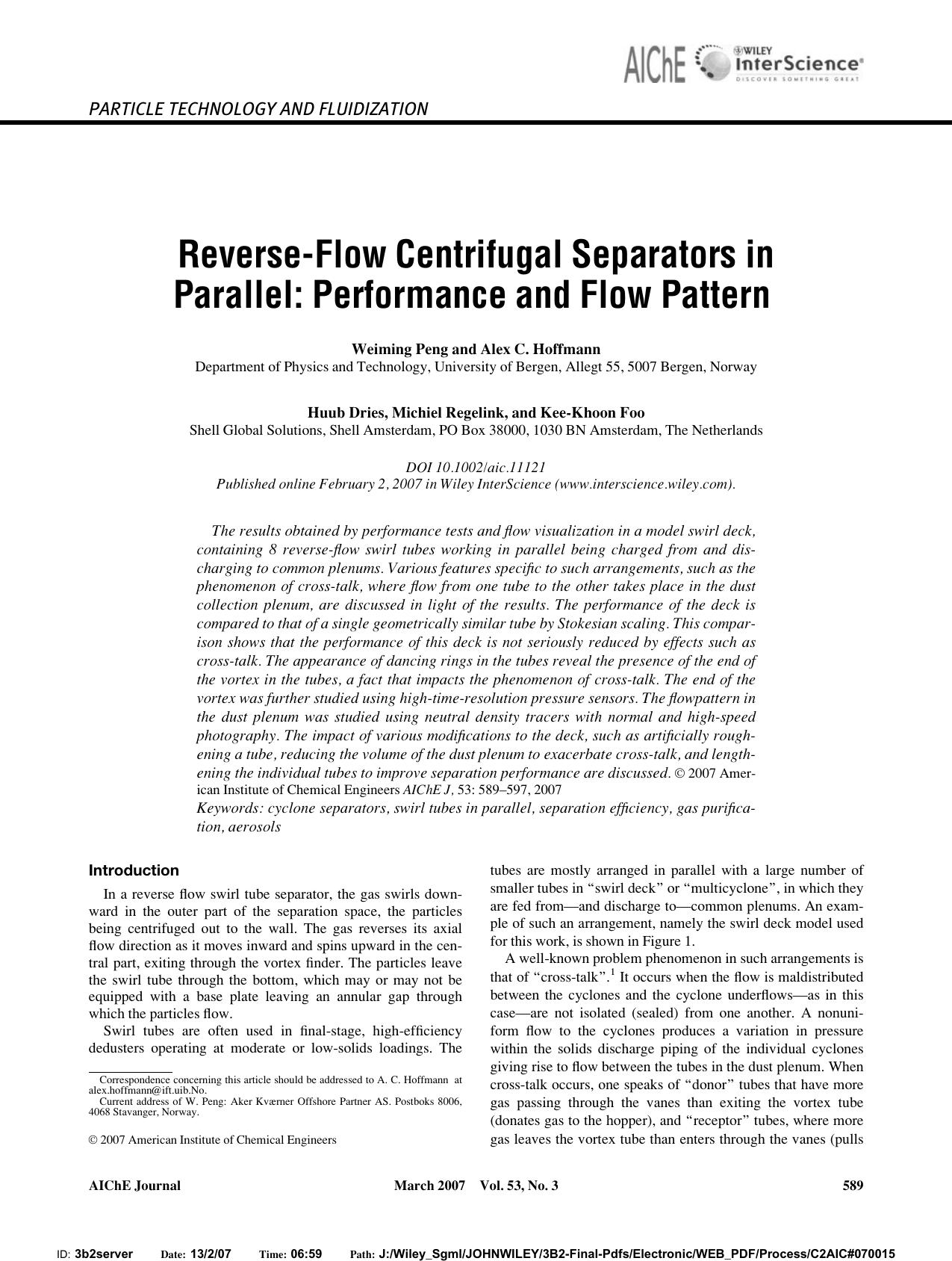 Reverse-flow centrifugal separators in parallel: Performance and flow pattern by Unknown