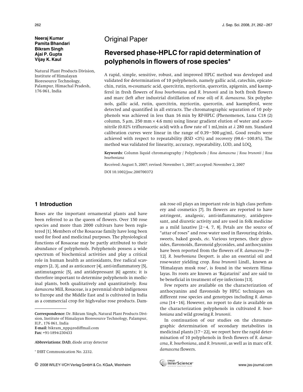 Reversed phase-HPLC for rapid determination of polyphenols in flowers of rose species by Unknown