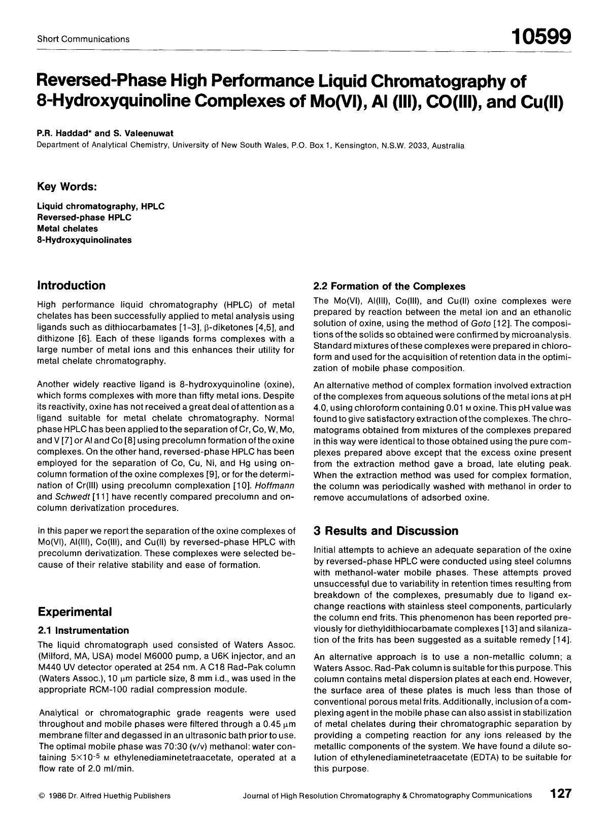 Reversed-phase high performance liquid chromatography of 8-hydroxyquinoline complexes of Mo(VI), AI (III), CO(III), and Cu(II) by Unknown