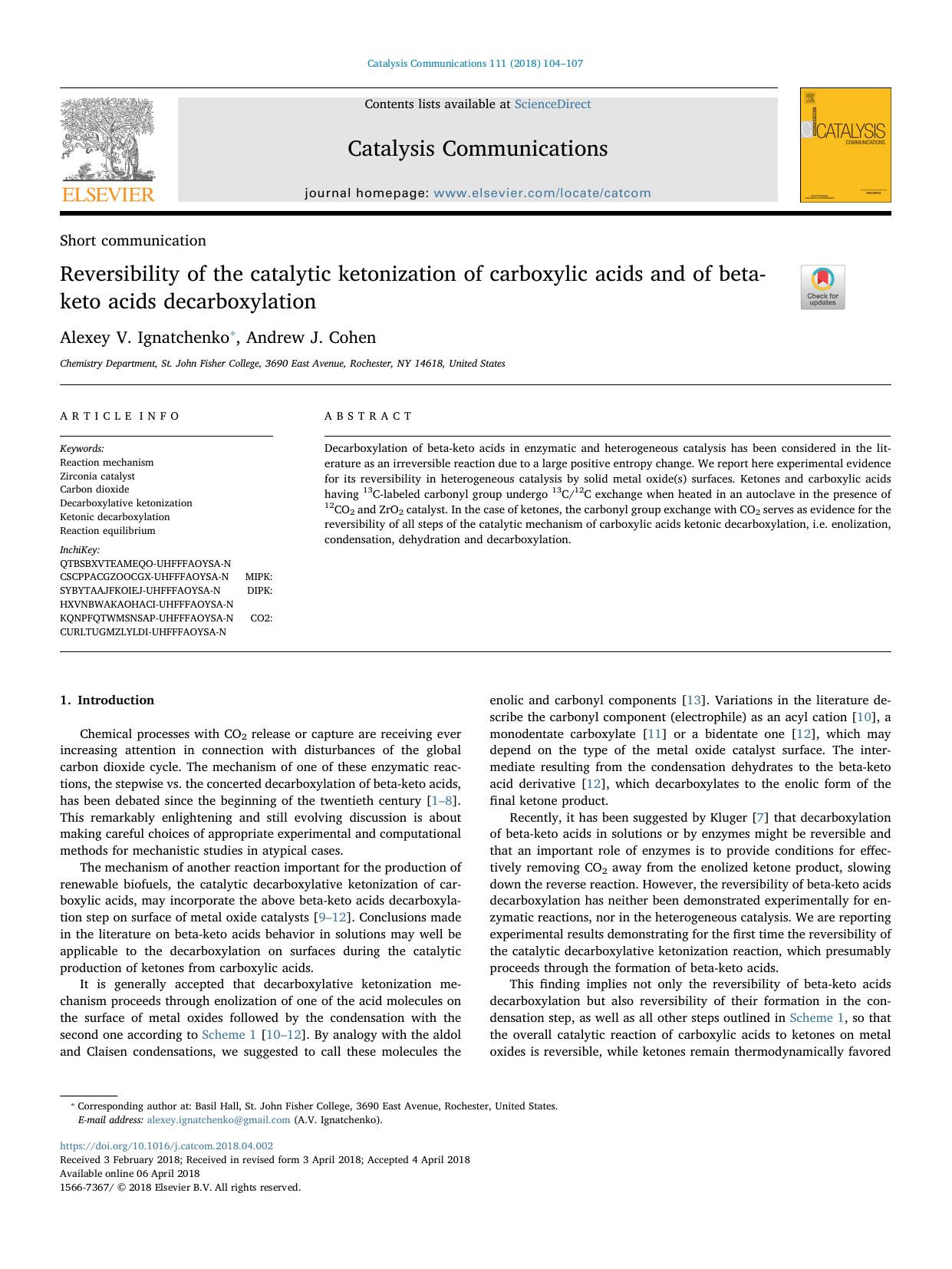 Reversibility of the catalytic ketonization of carboxylic acids and of beta-keto acids decarboxylation by Alexey V. Ignatchenko & Andrew J. Cohen