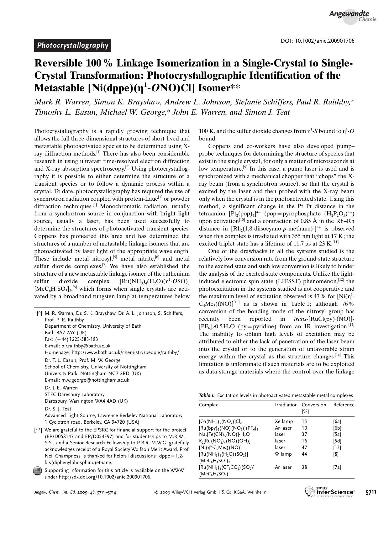 Reversible 100[thinsp][percnt] Linkage Isomerization in a Single-Crystal to Single-Crystal Transformation: Photocrystallographic Identification of the Metastable [Ni(dppe)([eta]1-ONO)Cl] Isomer by Unknown