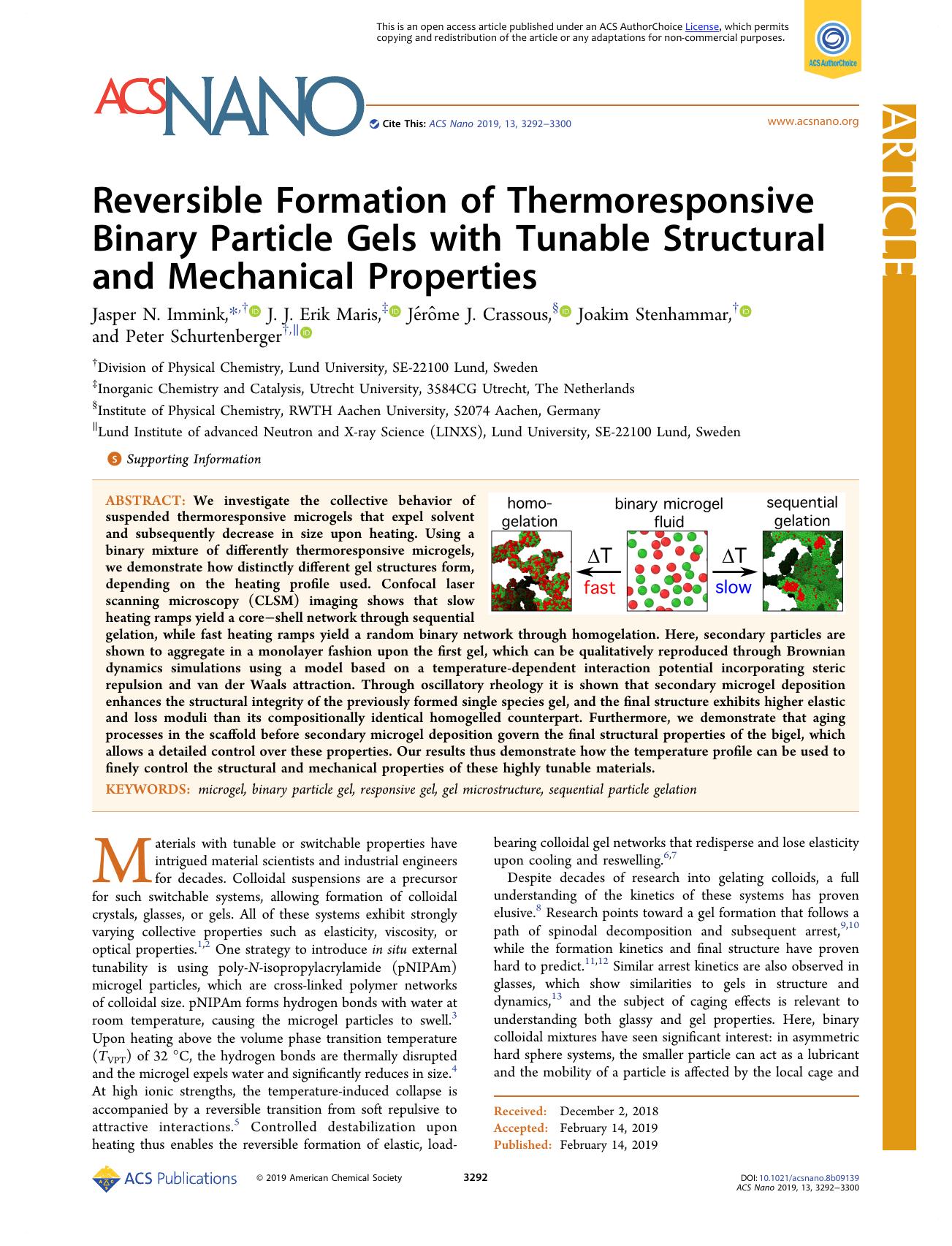 Reversible Formation of Thermoresponsive Binary Particle Gels with Tunable Structural and Mechanical Properties by unknow