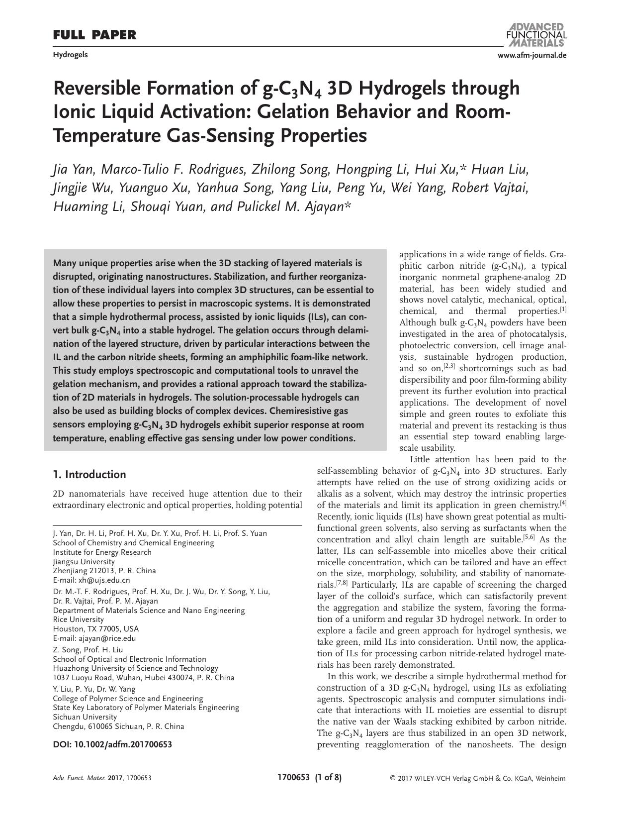 Reversible Formation of g&#x02010;C3N4 3D Hydrogels through Ionic Liquid Activation: Gelation Behavior and Room&#x02010;Temperature Gas&#x02010;Sensing Properties by Unknown