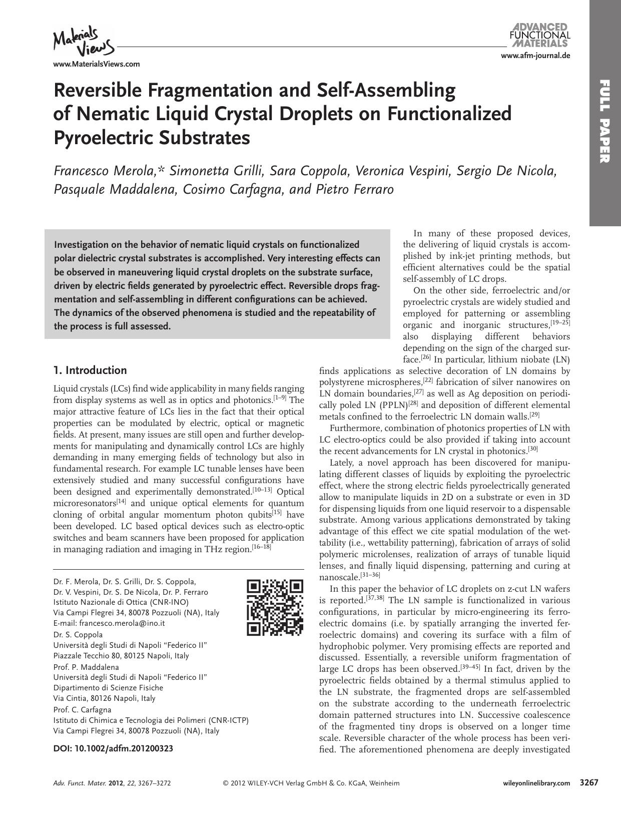 Reversible Fragmentation and SelfAssembling of Nematic Liquid Crystal Droplets on Functionalized Pyroelectric Substrates by vng