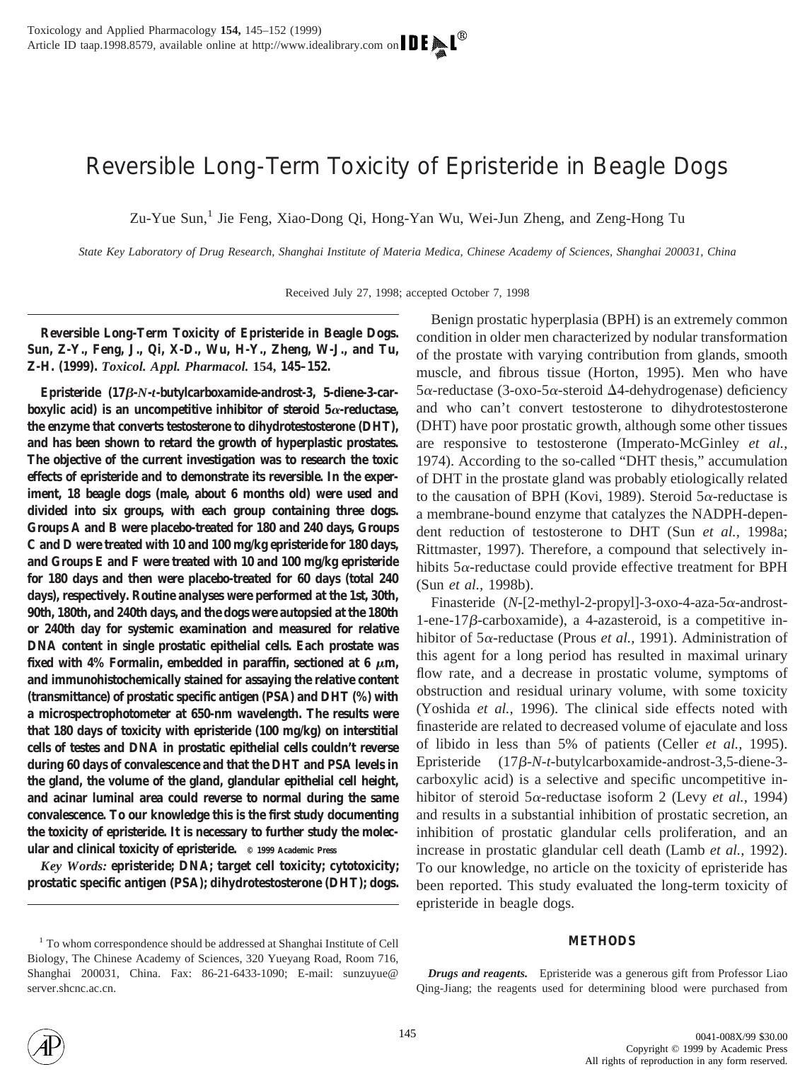 Reversible Long-Term Toxicity of Epristeride in Beagle Dogs by Sun Z. et al
