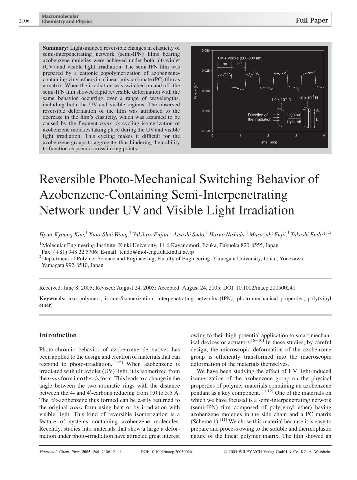 Reversible Photo-Mechanical Switching Behavior of Azobenzene-Containing Semi-Interpenetrating Network under UV and Visible Light Irradiation by unknow