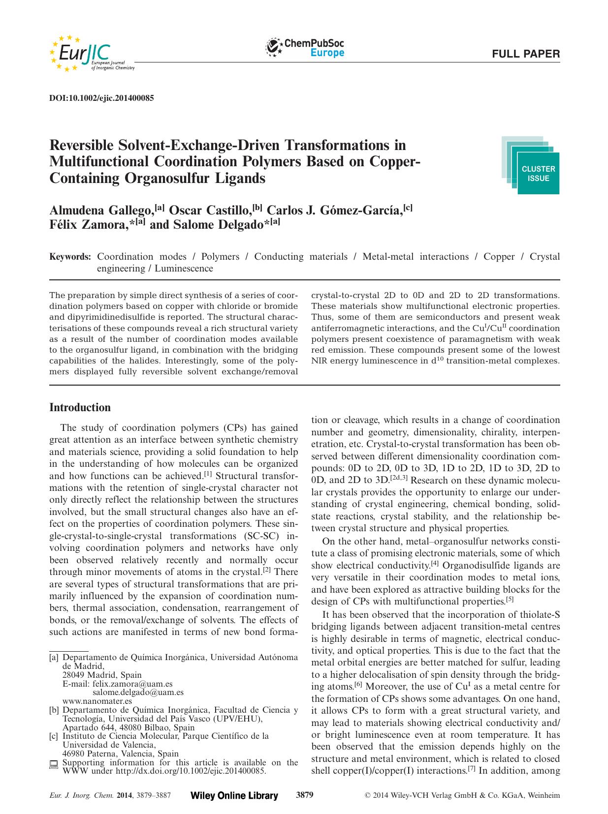 Reversible SolventExchangeDriven Transformations in Multifunctional Coordination Polymers Based on CopperContaining Organosulfur Ligands by Unknown