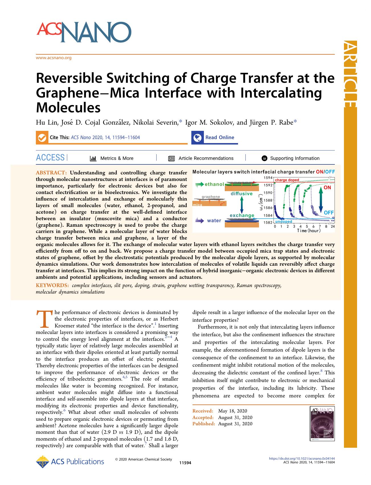 Reversible Switching of Charge Transfer at the GrapheneâMica Interface with Intercalating Molecules by Hu Lin José D. Cojal González Nikolai Severin Igor M. Sokolov and Jürgen P. Rabe