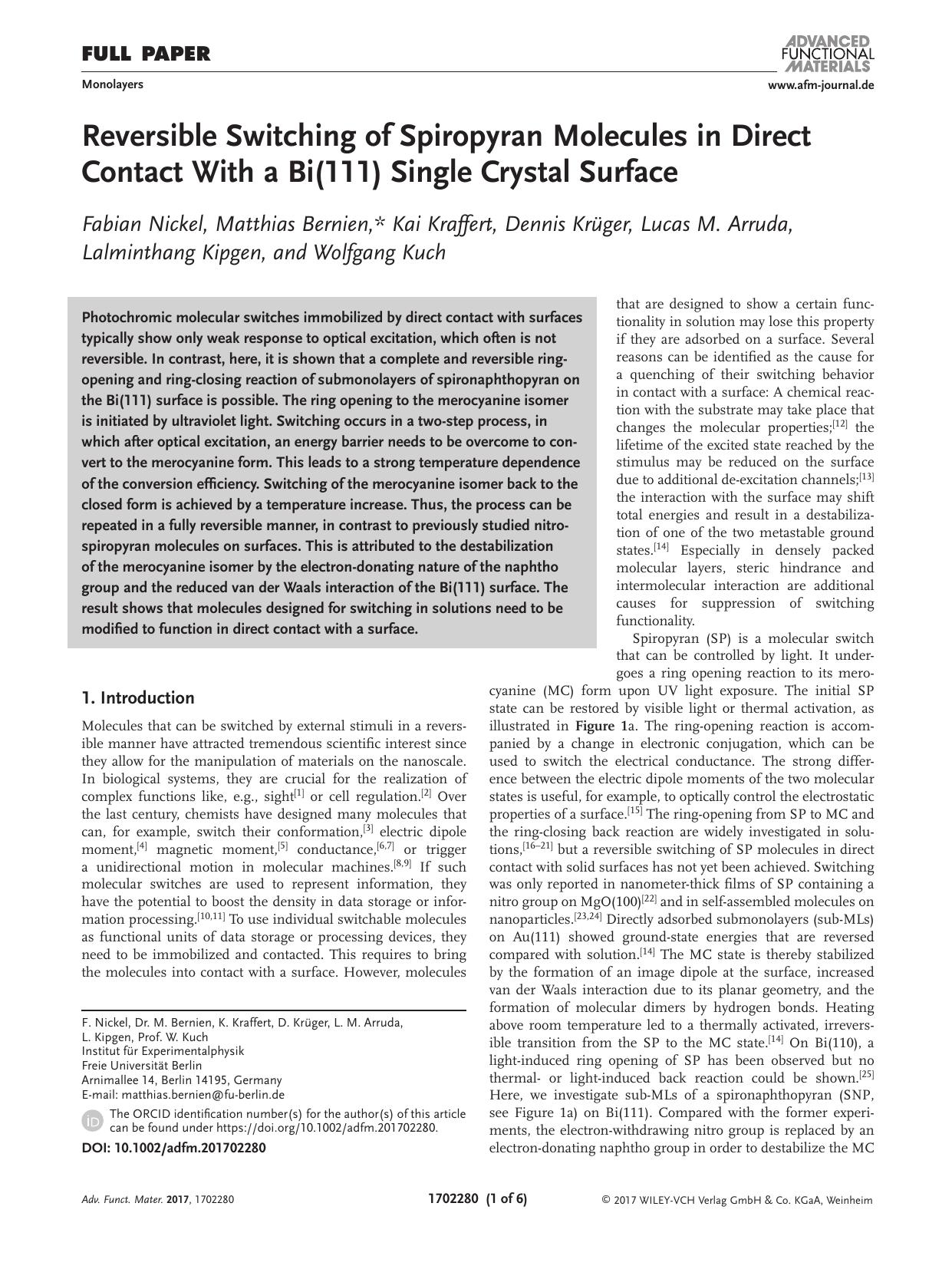 Reversible Switching of Spiropyran Molecules in Direct Contact With a Bi(111) Single Crystal Surface by Unknown