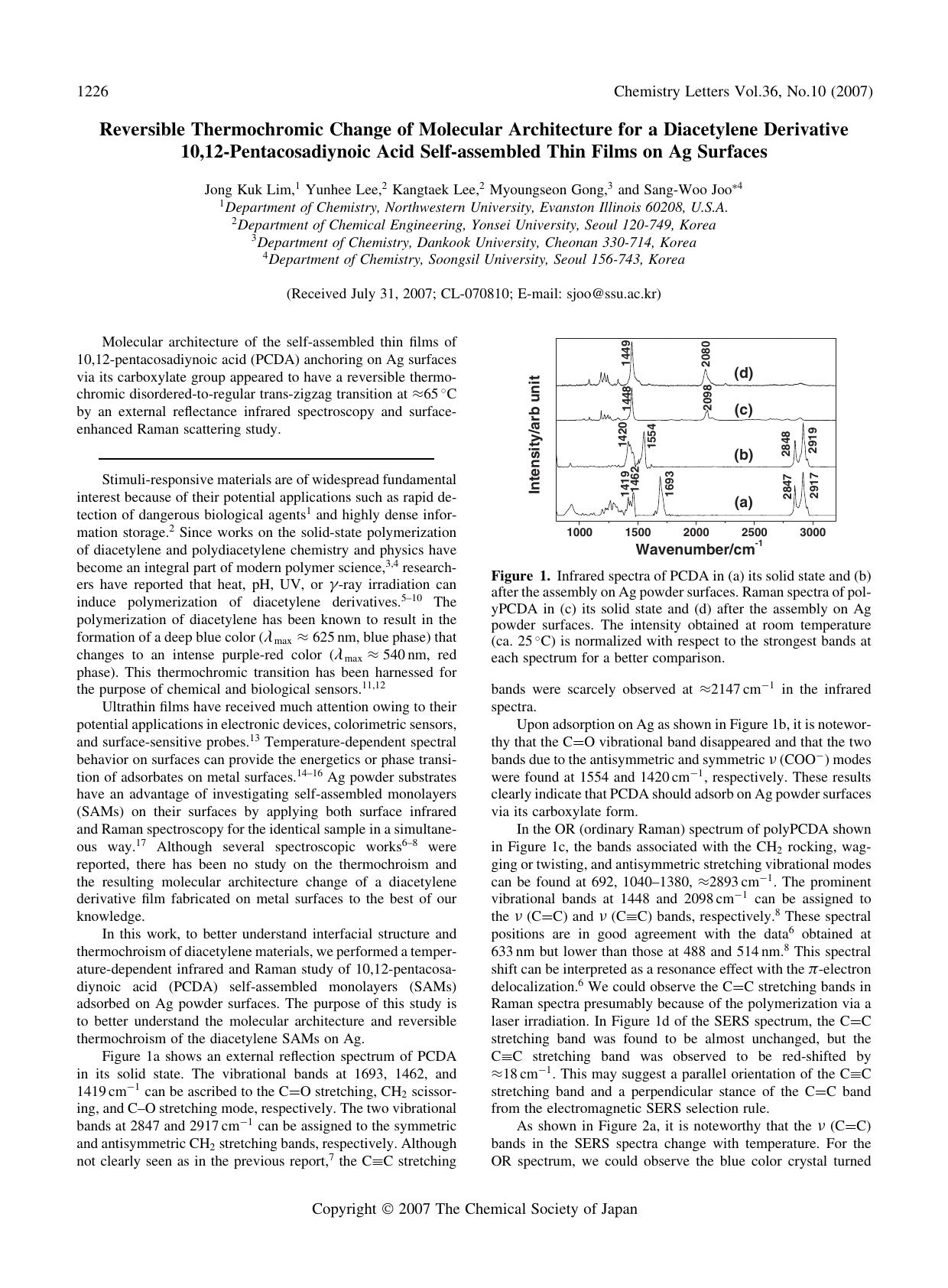 Reversible Thermochromic Change of Molecular Architecture for a Diacetylene Derivative 10,12-Pentacosadiynoic Acid Self-assembled Thin Films on Ag Surfaces by Jong Kuk Lim Yunhee Lee Kangtaek Lee Myoungseon Gong and Sang-Woo Joo