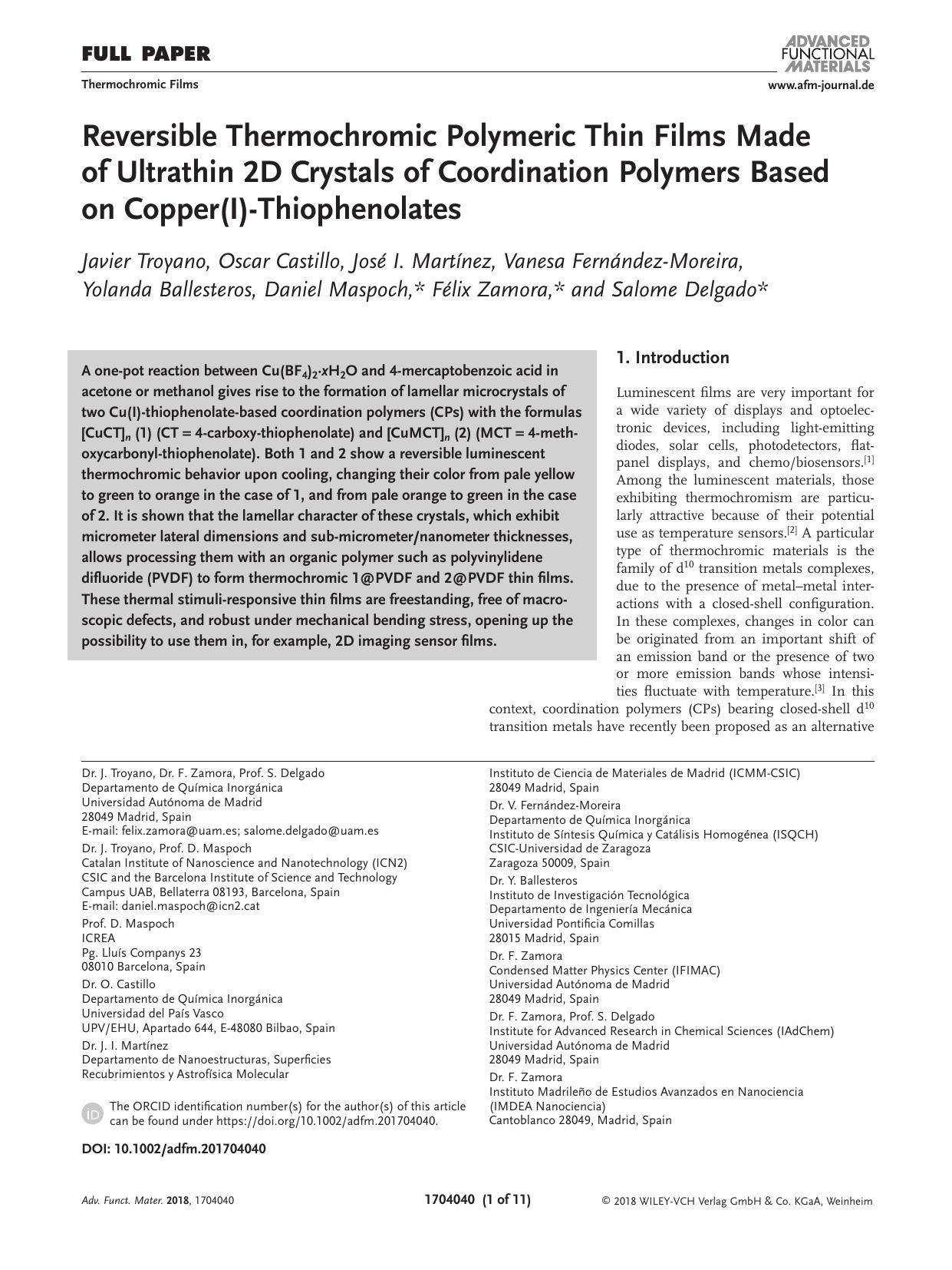 Reversible Thermochromic Polymeric Thin Films Made of Ultrathin 2D Crystals of Coordination Polymers Based on Copper(I)‐Thiophenolates by Unknown