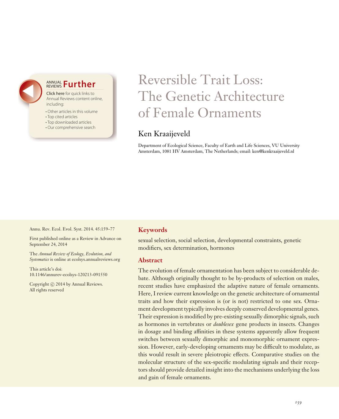 Reversible Trait Loss: The Genetic Architecture of Female Ornaments by Ken Kraaijeveld