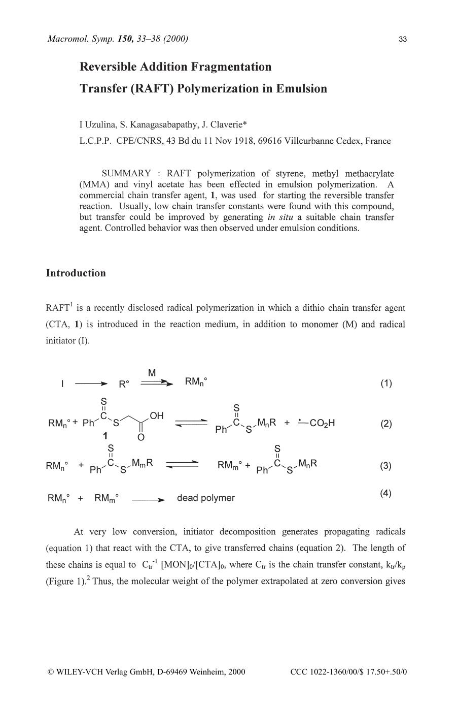 Reversible addition fragmentation transfer (RAFT) polymerization in emulsion by SOD