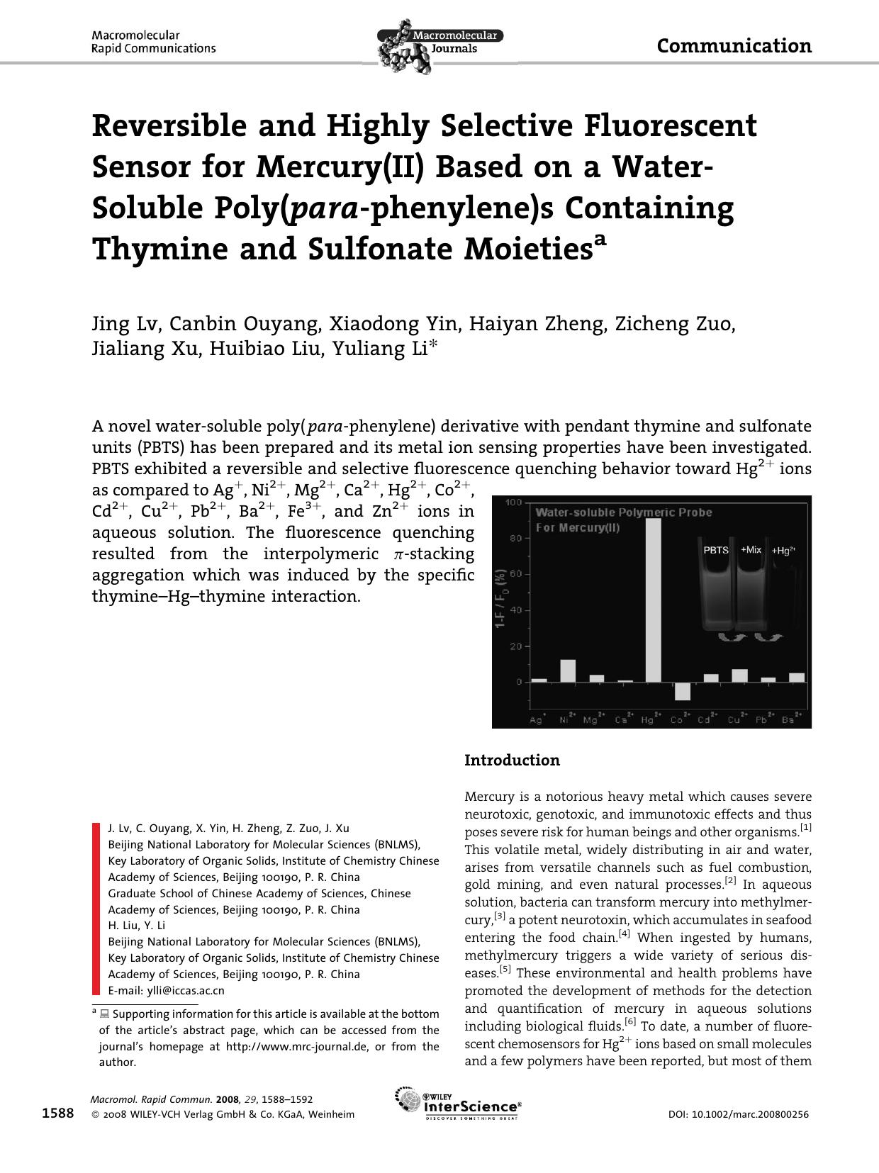 Reversible and Highly Selective Fluorescent Sensor for Mercury(II) Based on a Water-Soluble Poly(para-phenylene)s Containing Thymine and Sulfonate Moieties by Unknown