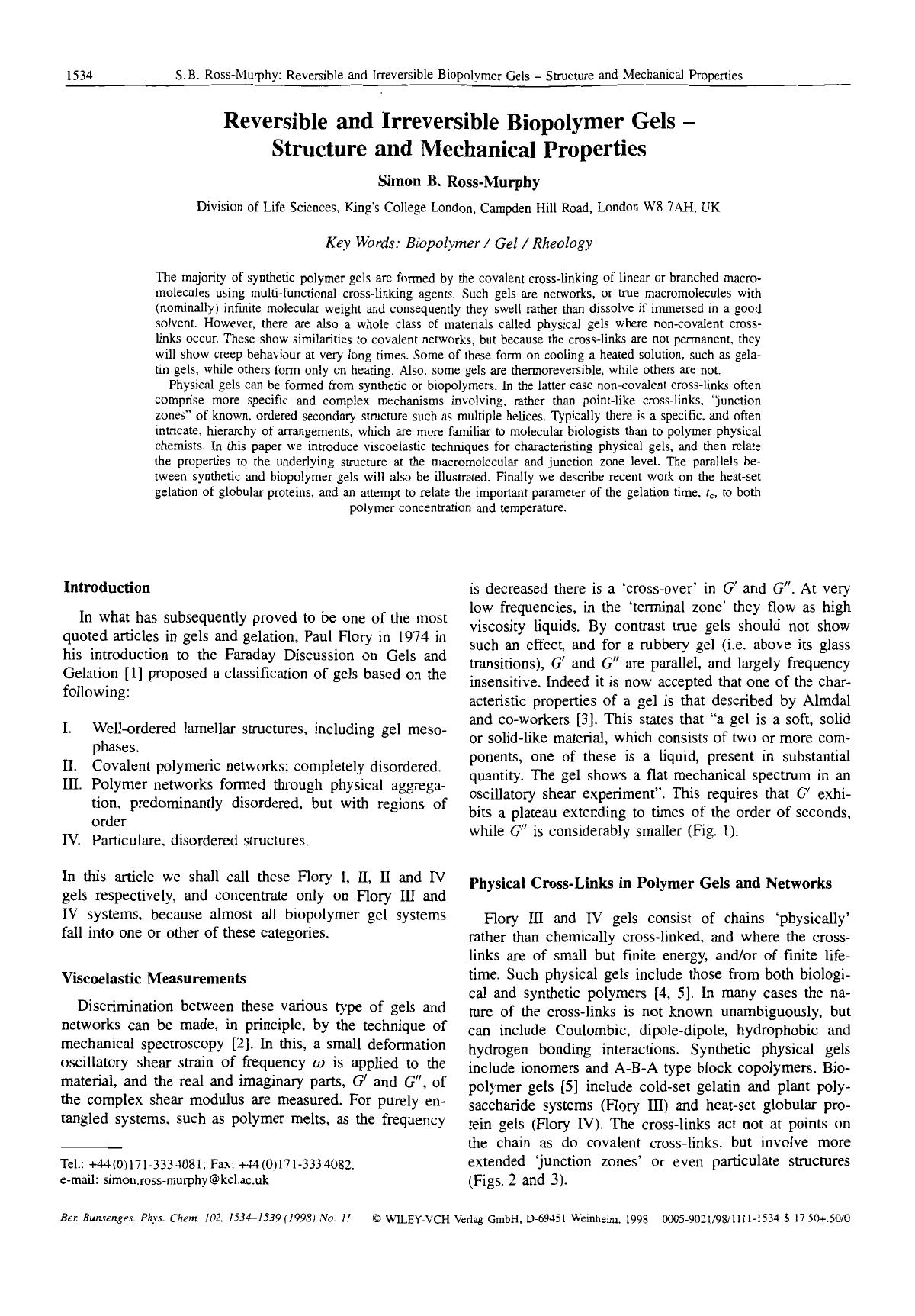 Reversible and irreversible biopolymer gels - Structure and mechanical properties by Unknown