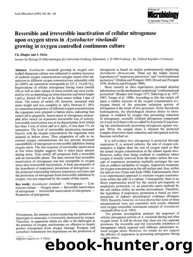 Reversible and irreversible inactivation of cellular nitrogenase upon oxygen stress in <Emphasis Type="Italic">Azotobacter vinelandii<Emphasis> growing in oxygen controlled continuous culture by Unknown