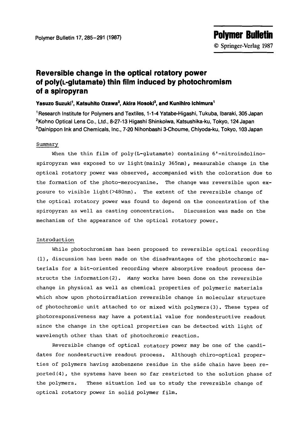 Reversible change in the optical rotatory power of poly(L-glutamate) thin film induced by photochromism of a spiropyran by Unknown