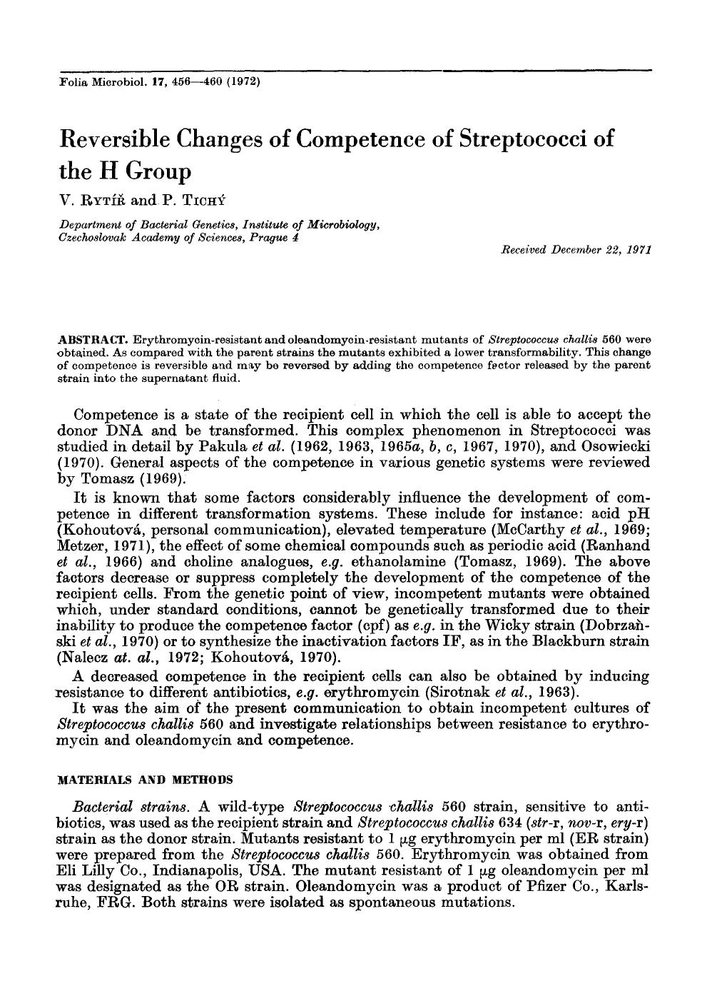 Reversible changes of competence of streptococci of the H group by Unknown