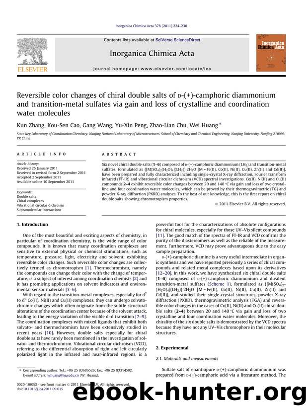 Reversible color changes of chiral double salts of d-(+)-camphoric diammonium and transition-metal sulfates via gain and loss of crystalline and coordination water molecules by Kun Zhang & Kou-Sen Cao & Gang Wang & Yu-Xin Peng & Zhao-Lian Chu & Wei Huang