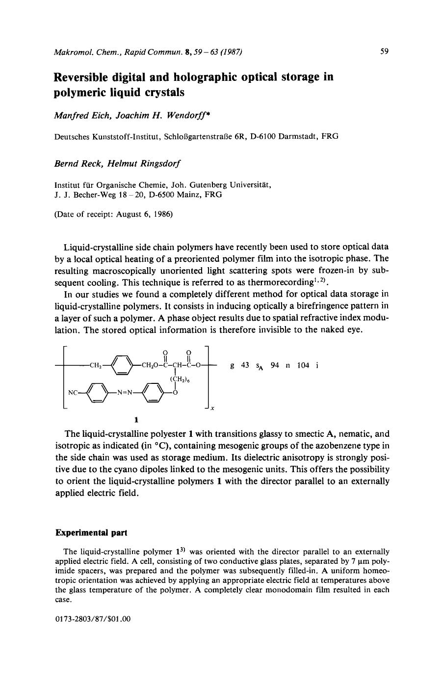 Reversible digital and holographic optical storage in polymeric liquid crystals by Unknown