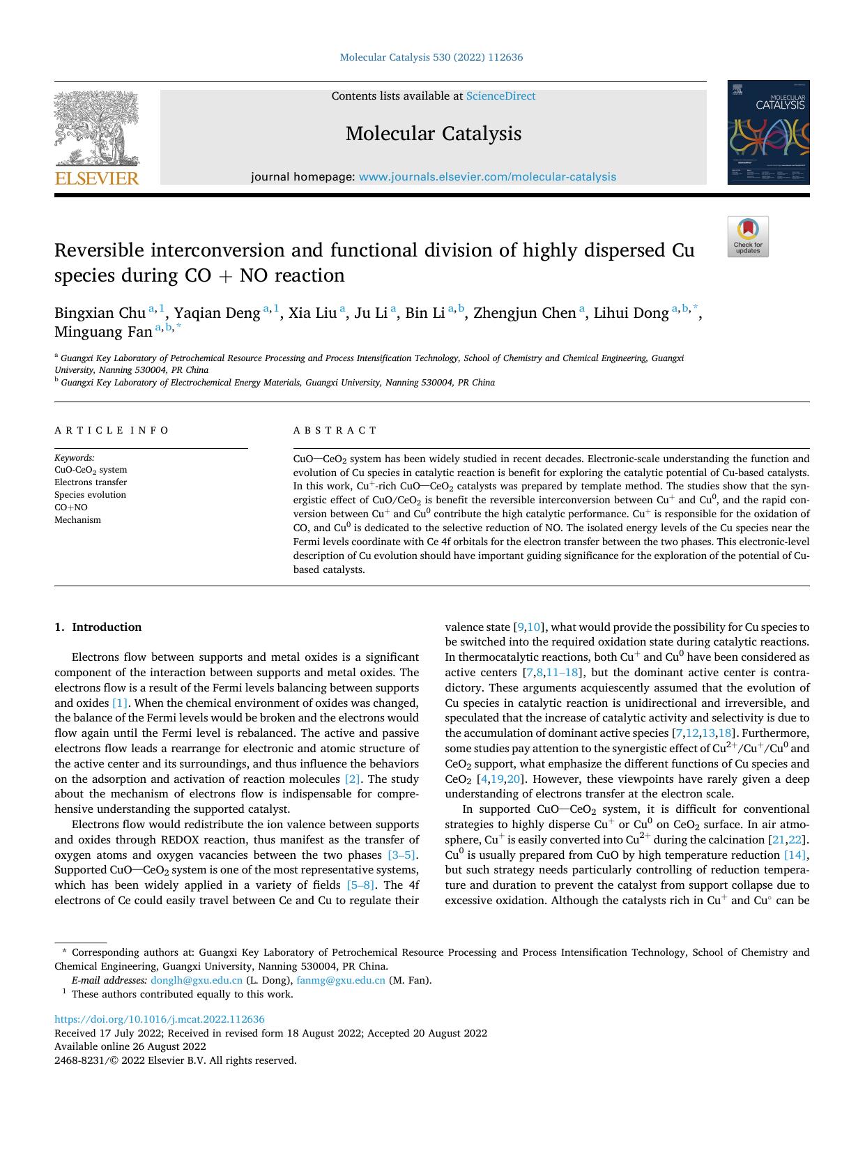 Reversible interconversion and functional division of highly dispersed Cu species during COÂ +Â NO reaction by Bingxian Chu & Yaqian Deng & Xia Liu & Ju Li & Bin Li & Zhengjun Chen & Lihui Dong & Minguang Fan