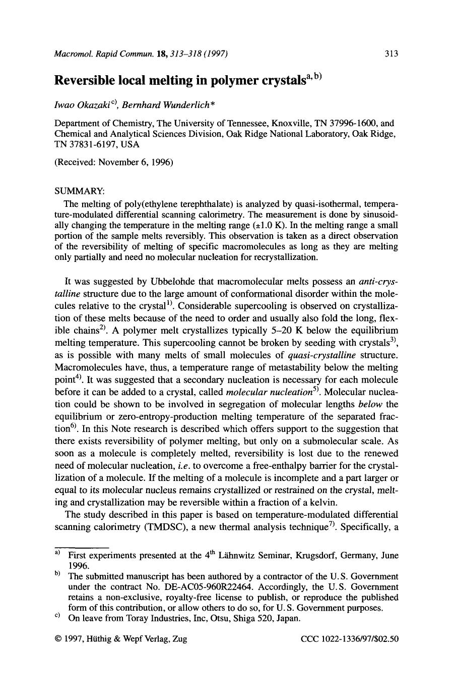 Reversible local melting in polymer crystals by Unknown