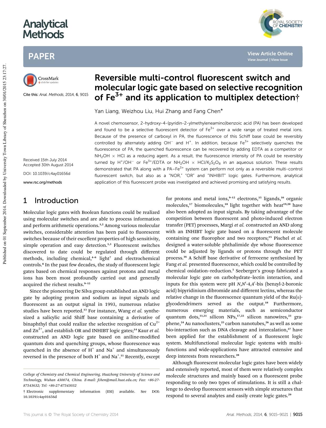 Reversible multi-control fluorescent switch and molecular logic gate based on selective recognition of Fe3&plus; and its application to multiplex detection by Yan Liang & Weizhou Liu & Hui Zhang & Fang Chen