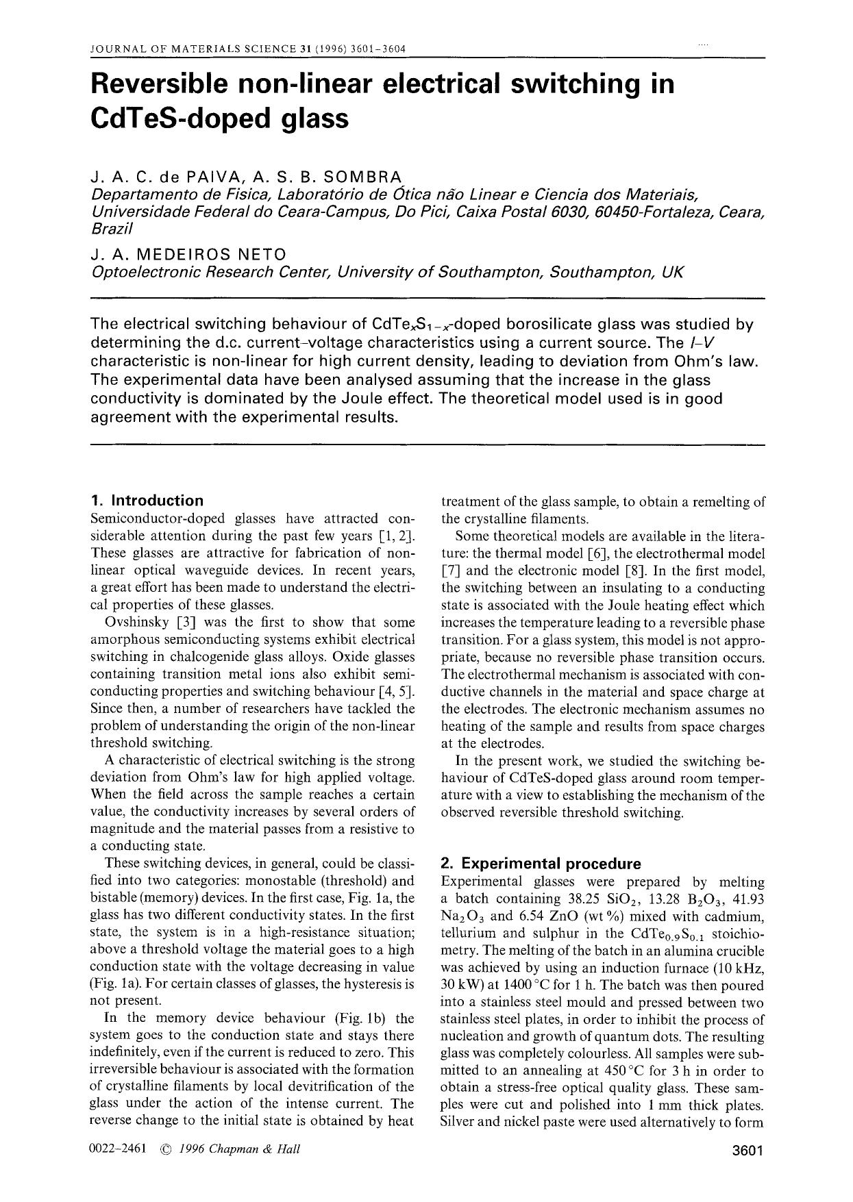 Reversible non-linear electrical switching in CdTeS-doped glass by Unknown