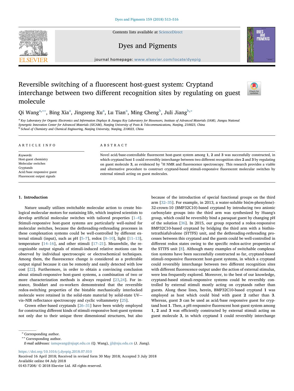 Reversible switching of a fluorescent host-guest system_ Cryptand interchange between two different recognition sites by regulating on guest molecule by Qi Wang & Bing Xia & Jingzeng Xu & Lu Tian & Ming Cheng & Juli Jiang