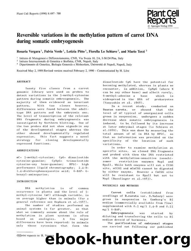 Reversible variations in the methylation pattern of carrot DNA during somatic embryogenesis by Unknown