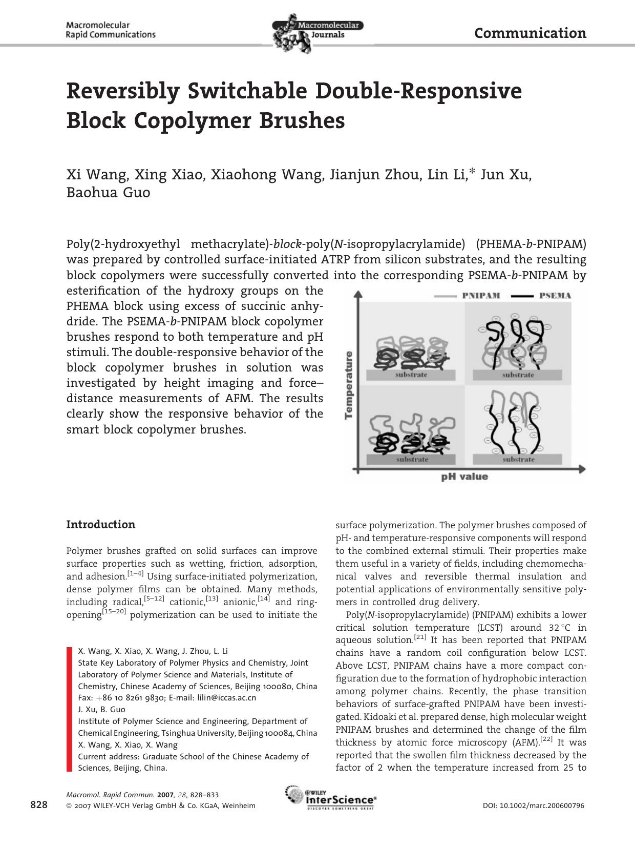 Reversibly Switchable Double-Responsive Block Copolymer Brushes by Unknown