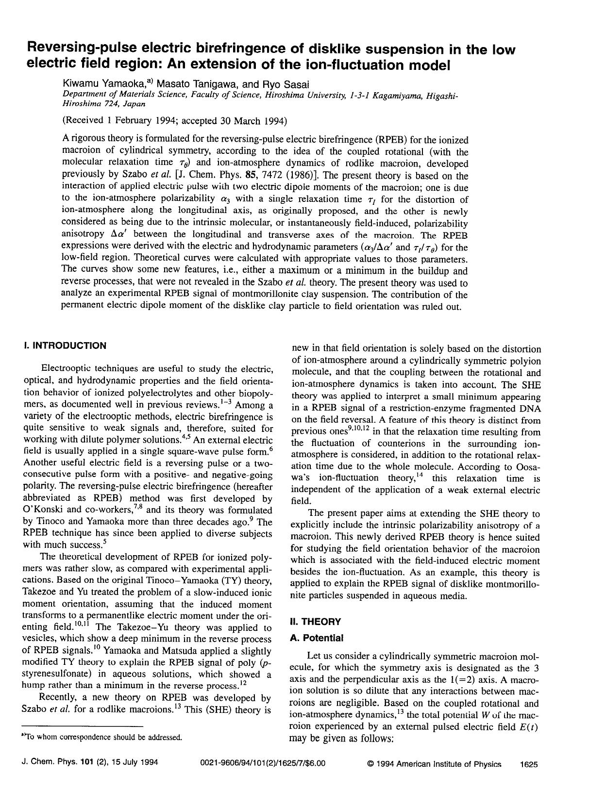 Reversing-pulse electric birefringence of disklike suspension in the low electric field region: An extension of the ion-fluctuation model by Kiwamu Yamaoka; Masato Tanigawa; Ryo Sasai