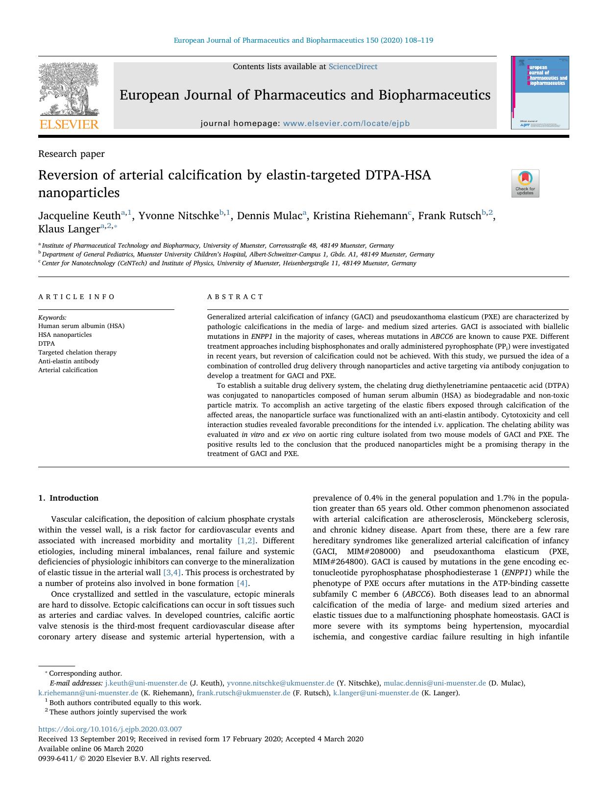 Reversion of arterial calcification by elastin-targeted DTPA-HSA nanoparticles by Jacqueline Keuth & Yvonne Nitschke & Dennis Mulac & Kristina Riehemann & Frank Rutsch & Klaus Langer