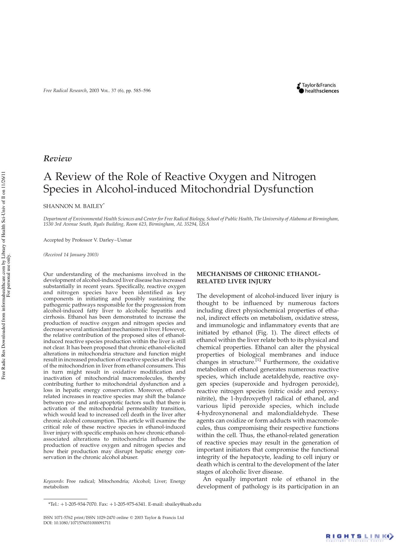 Review A Review of the Role of Reactive Oxygen and Nitrogen Species in Alcohol-induced Mitochondrial Dysfunction by Shannon M. Bailey