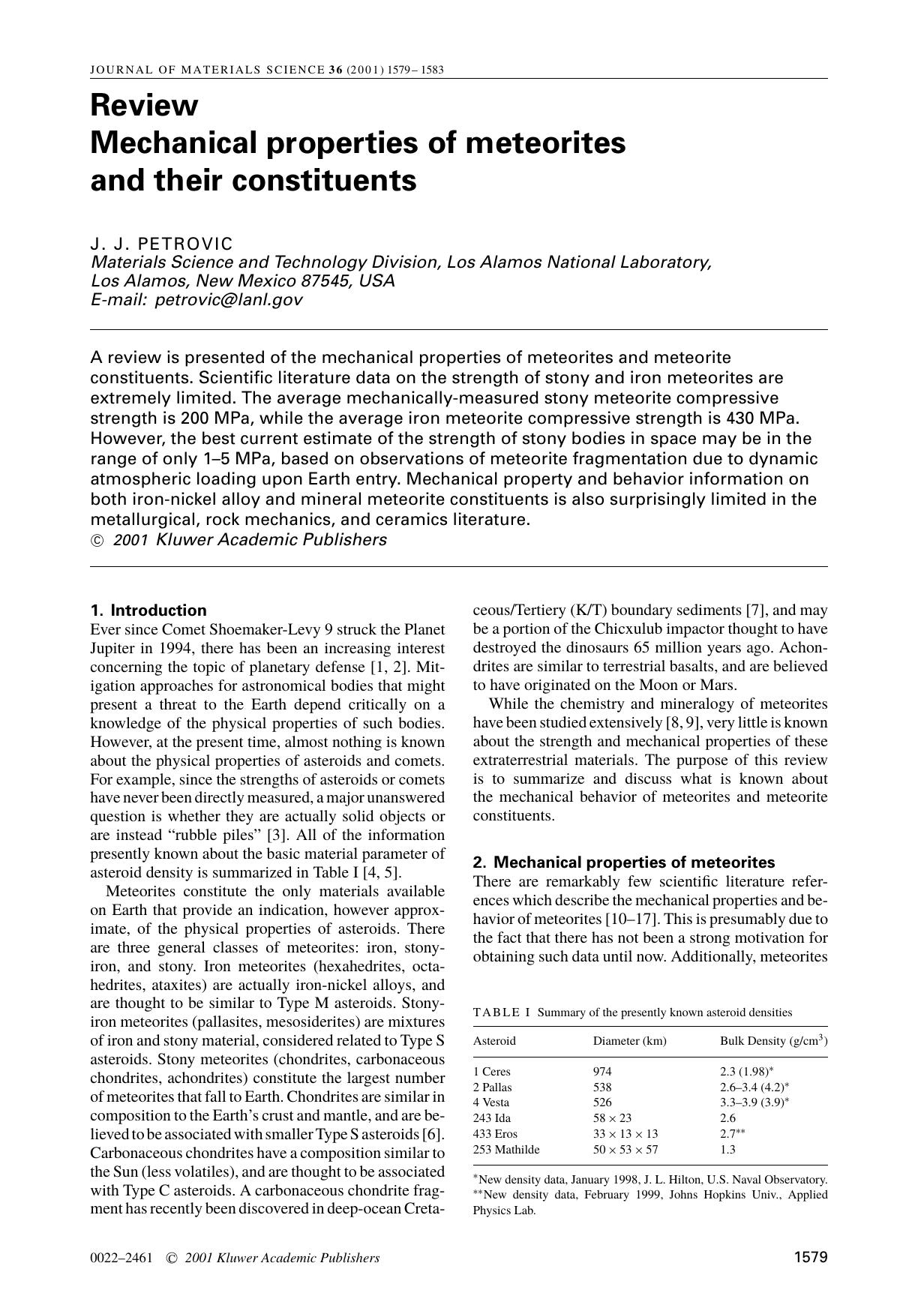 Review Mechanical properties of meteorites and their constituents by Unknown