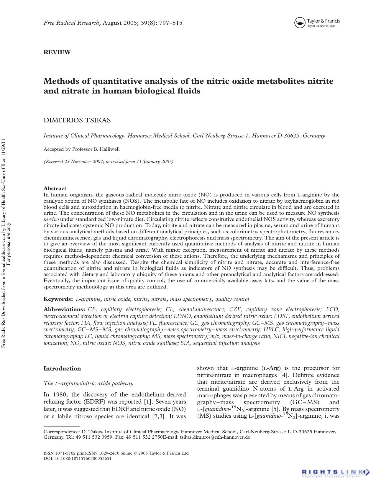 Review Methods of quantitative analysis of the nitric oxide metabolites nitrite and nitrate in human biological fluids by Dimitrios Tsikas