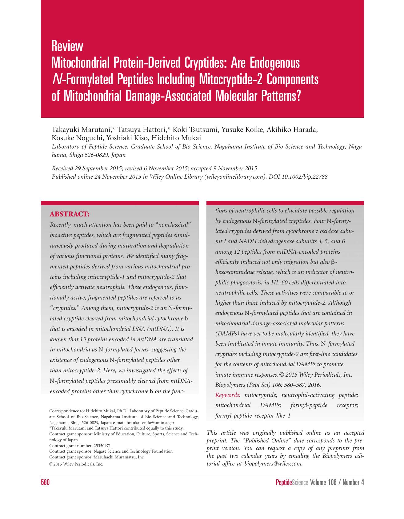 Review Mitochondrial Protein‐Derived Cryptides: Are Endogenous N‐Formylated Peptides Including Mitocryptide‐2 Components of Mitochondrial Damage‐Associated Molecular Patterns? by Unknown