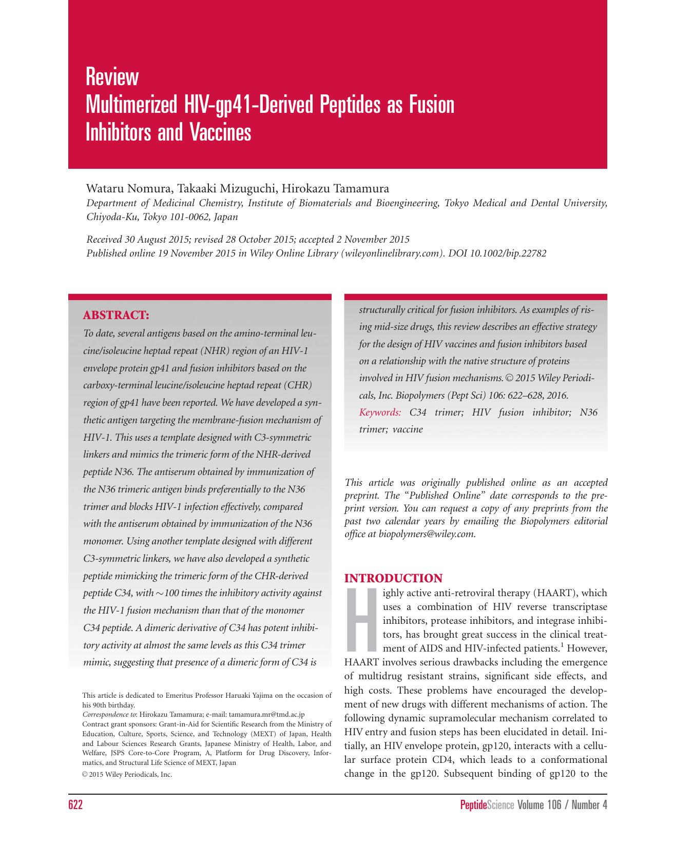 Review Multimerized HIV‐gp41‐Derived Peptides as Fusion Inhibitors and Vaccines by Unknown