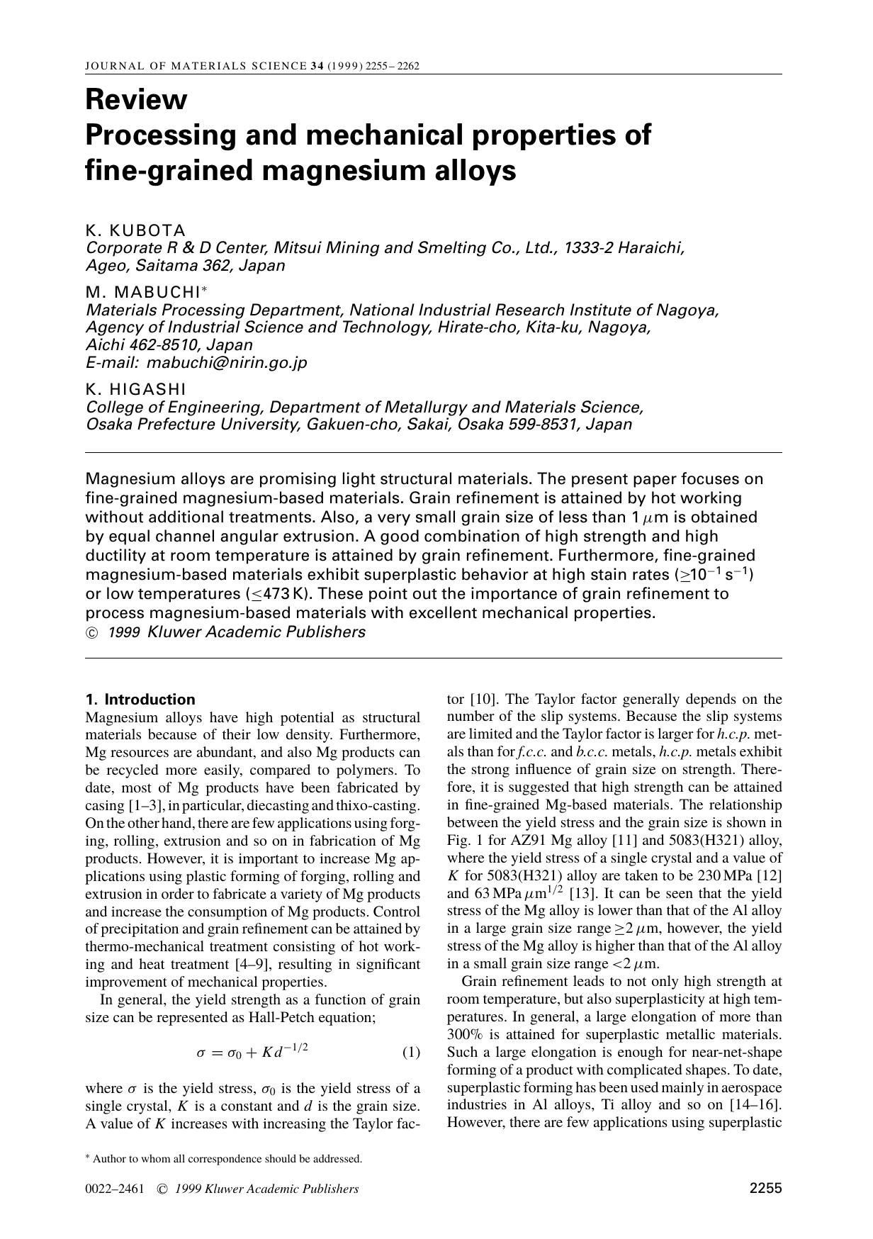 Review Processing and mechanical properties of fine-grained magnesium alloys by Unknown